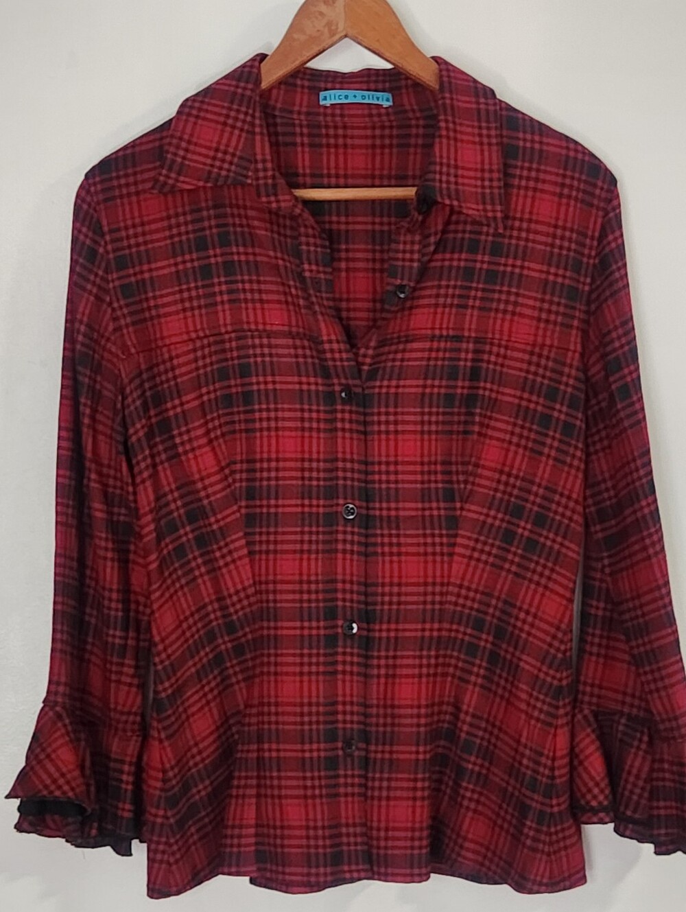 Alice + Olivia Red Plaid Blouse Size S/M Bell Ruffle Sleeve